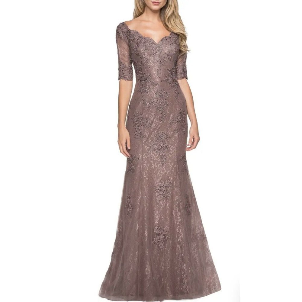 New with tags LA FEMME 26943 Long Lace Gown In Cocoa Size 12 Retail $598